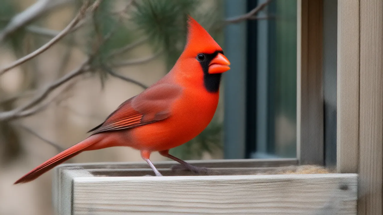 Illustration of a male northern cardinal on a wooden hopper feeder in a backyard in early spring