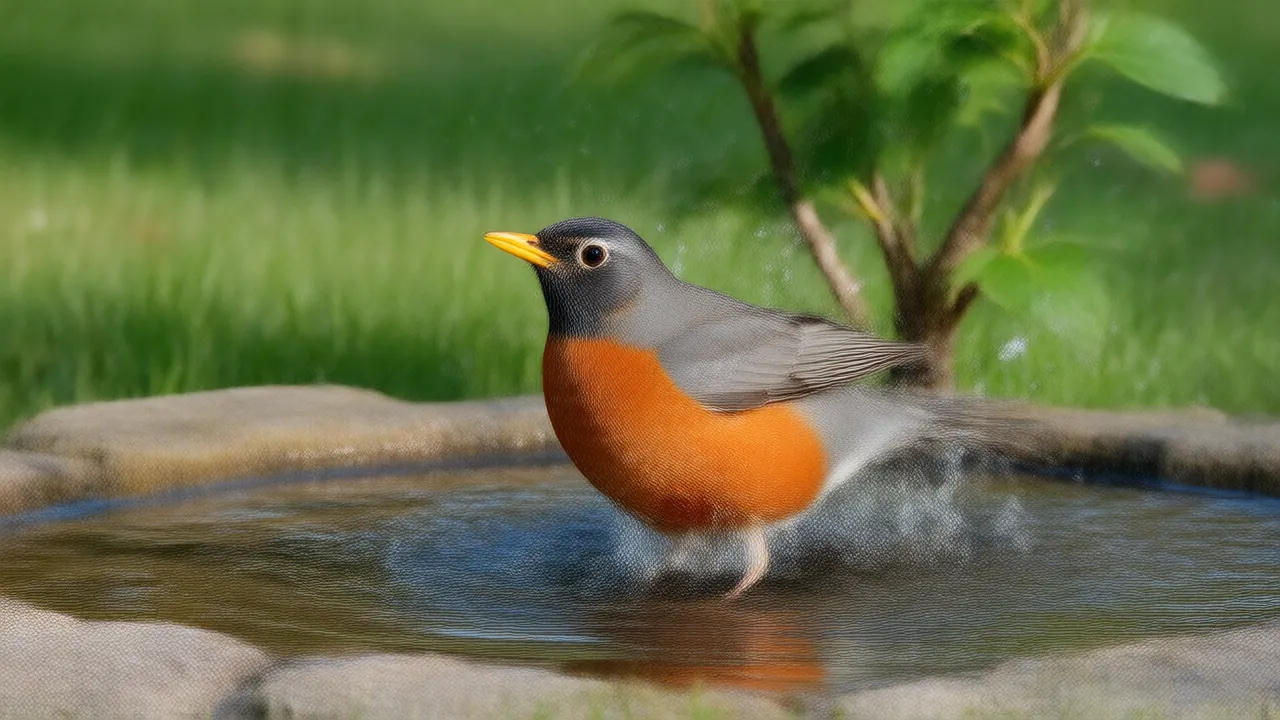 Illustration of an American robin bathing in a pedestal bird bath on a lawn near a small tree