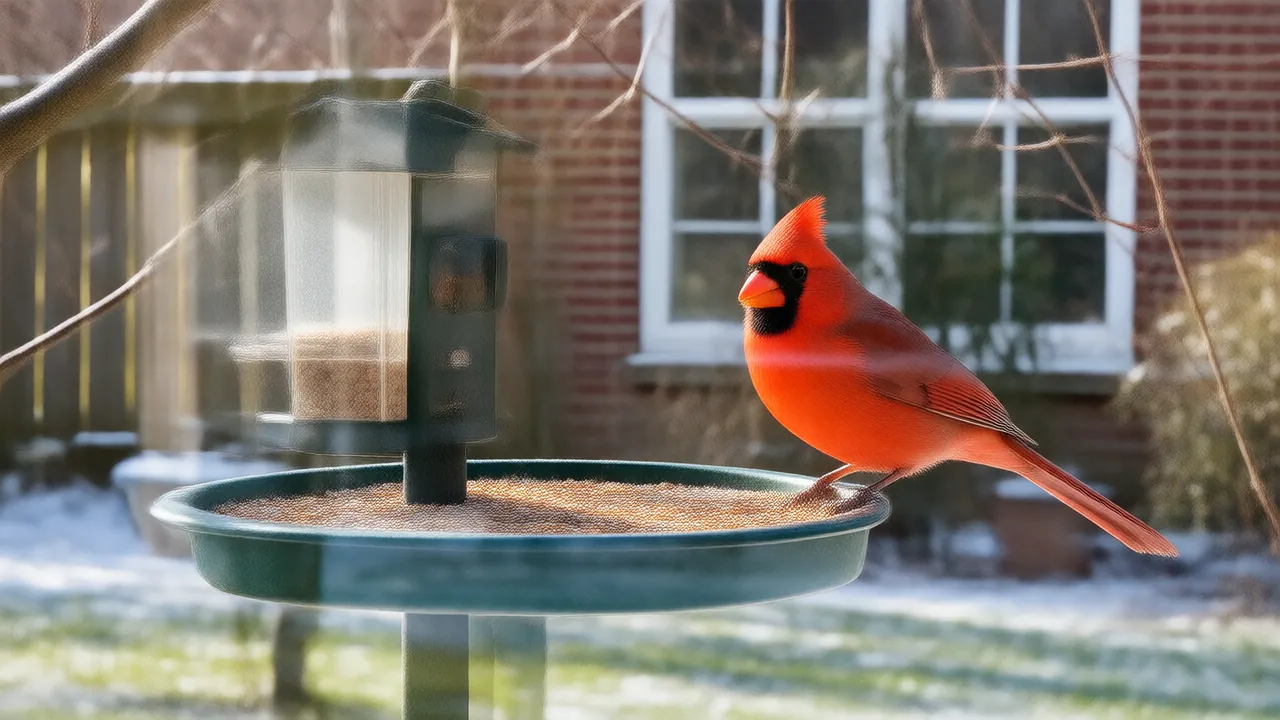 Illustration of a male northern cardinal on a camera bird feeder in a snowy backyard seen from a window