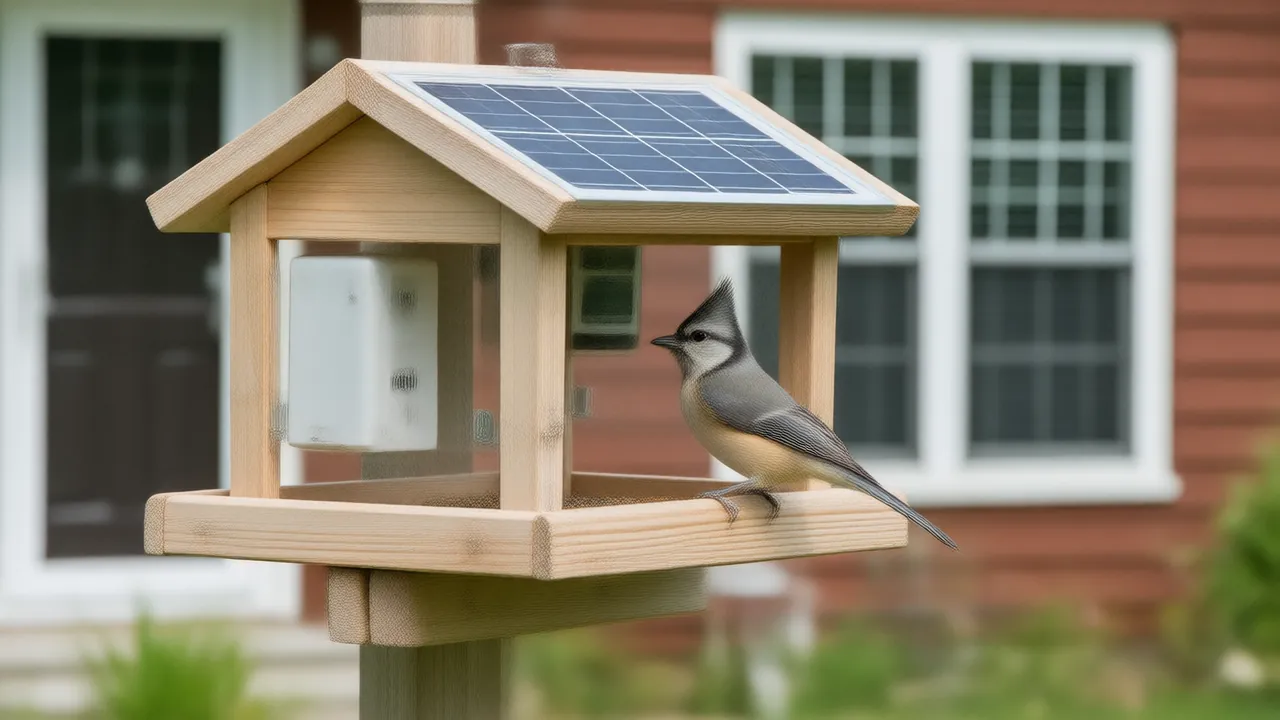 Illustration of a tufted titmouse at a camera bird feeder with a solar panel in a backyard near a house