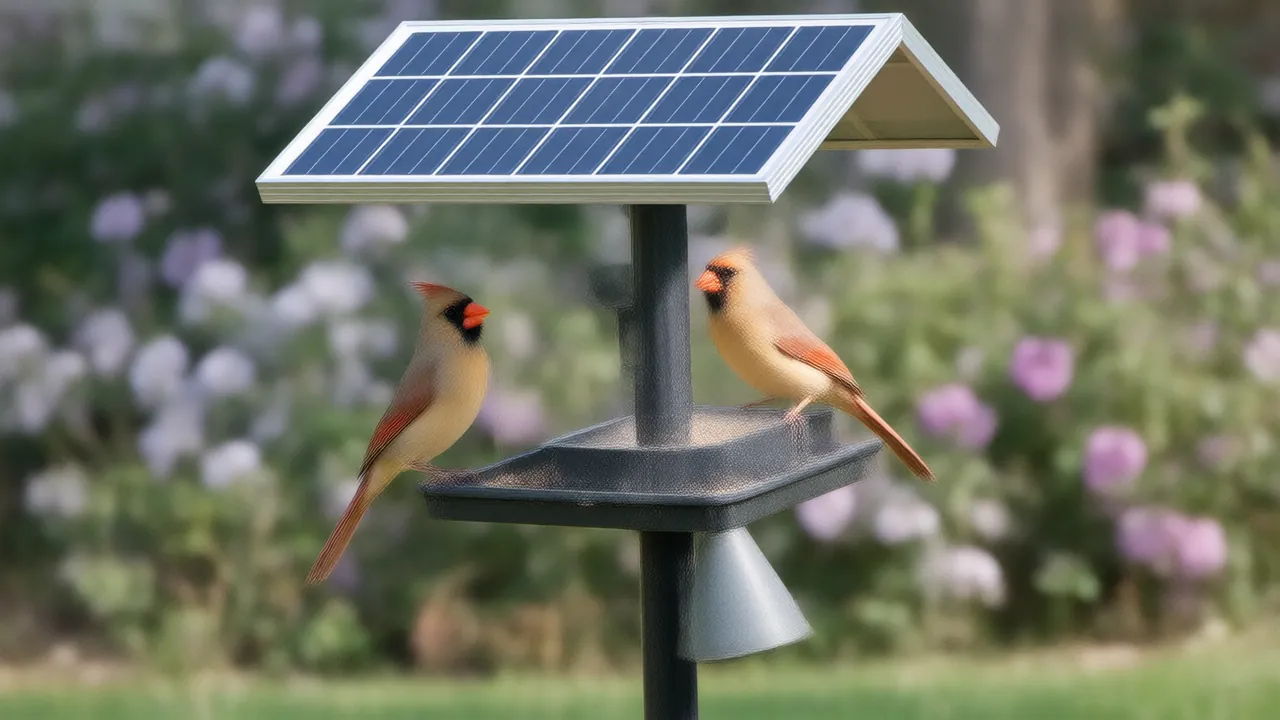 Illustration of a female northern cardinal at a pole-mounted solar bird feeder with a small camera and a baffle in a sunny yard