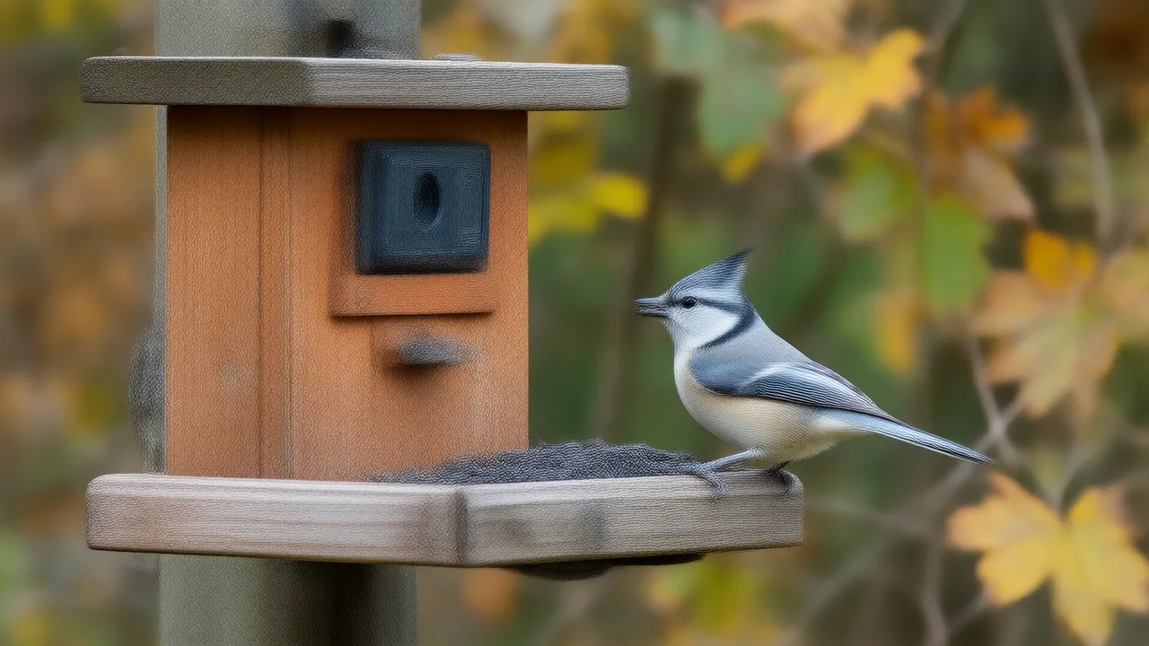 Illustration of a tufted titmouse on a wooden feeder with a small built-in camera box