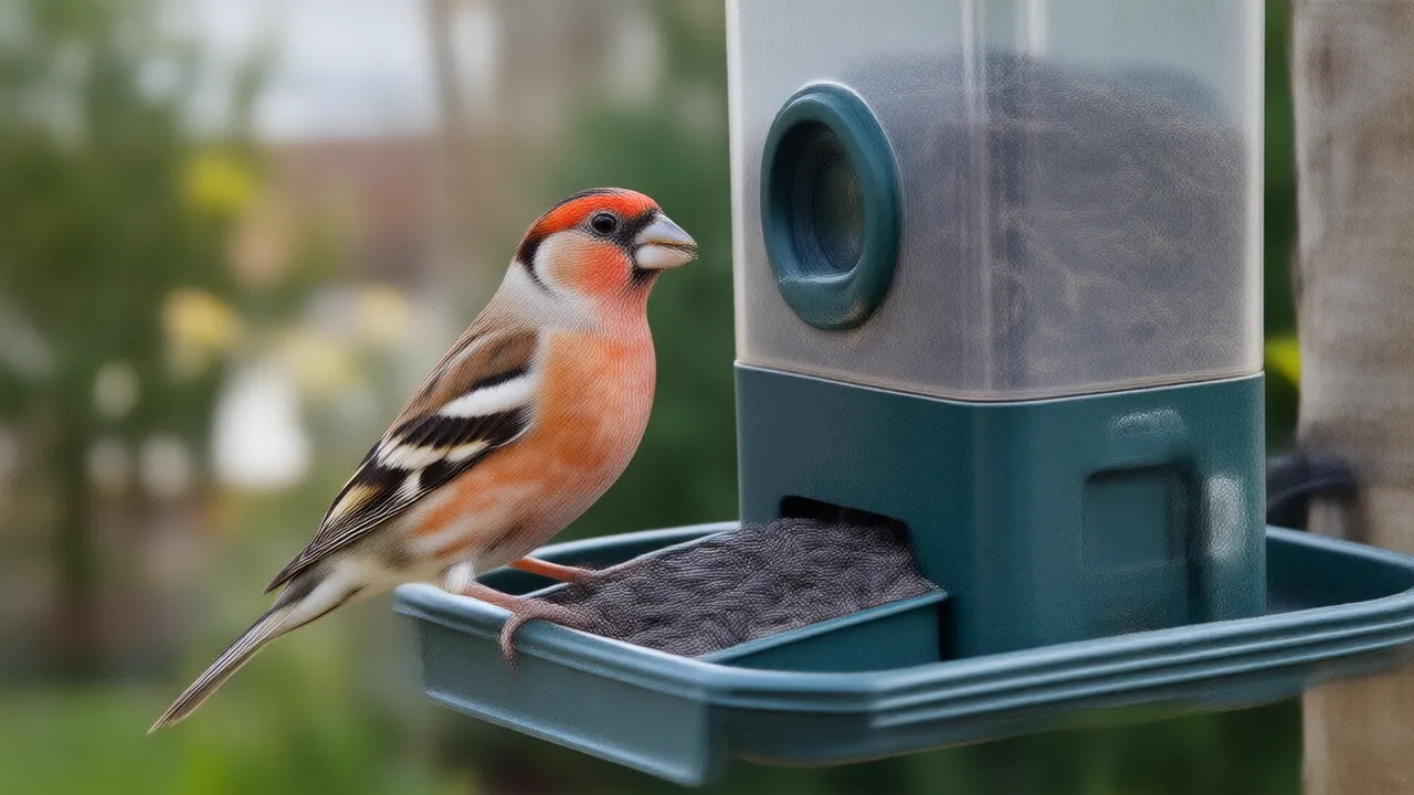 Illustration of a house finch eating at a garden bird feeder with a small camera mounted on it