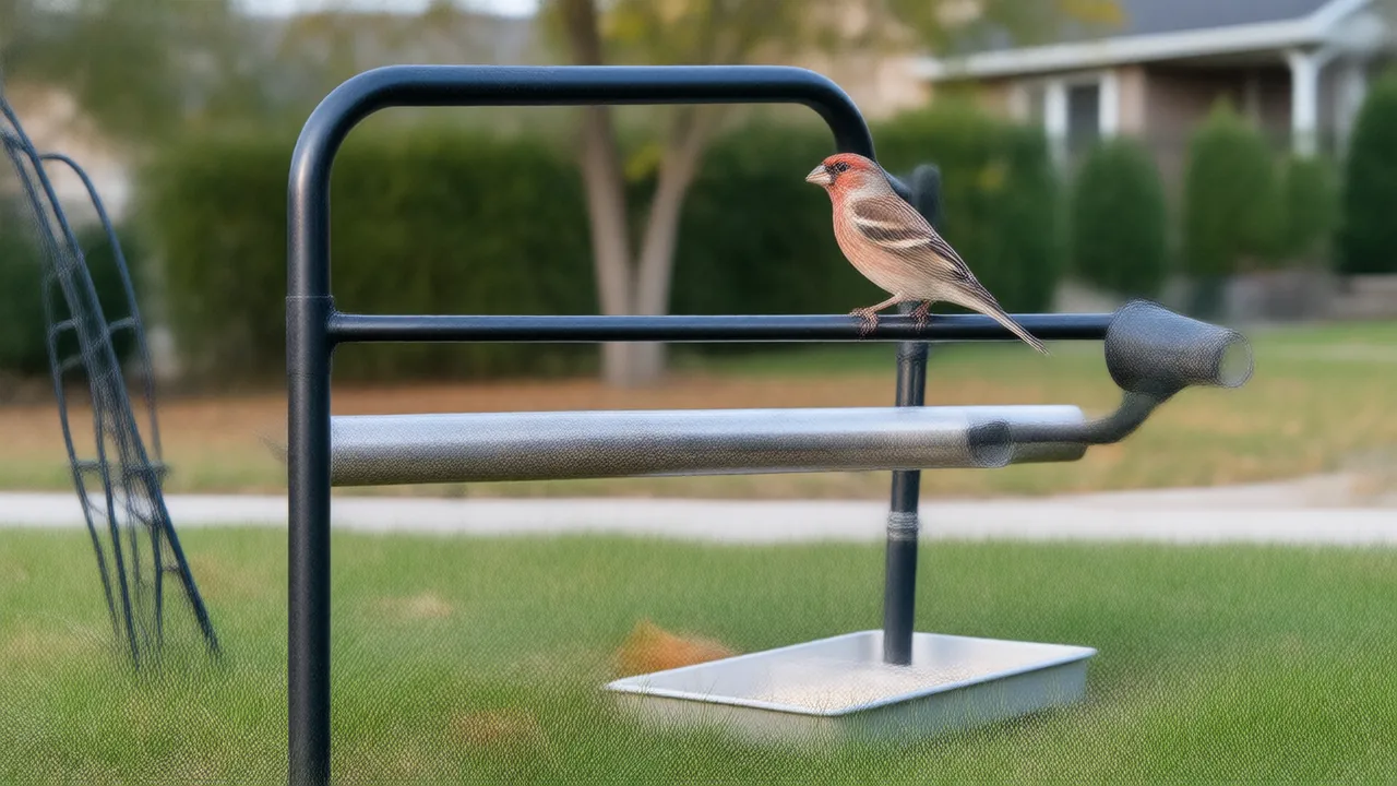 Illustration of a bird feeder pole with a cylinder baffle and a house finch on the feeder
