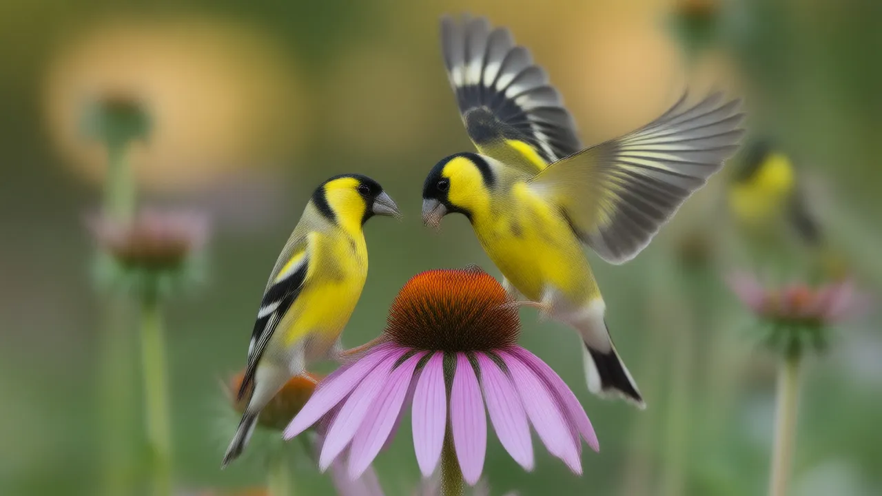 Illustration of a male American goldfinch eating seeds from a purple coneflower seedhead in a late-summer garden