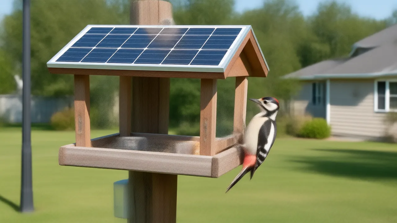 Illustration of a downy woodpecker on a solar bird feeder with a camera box in a leafy backyard