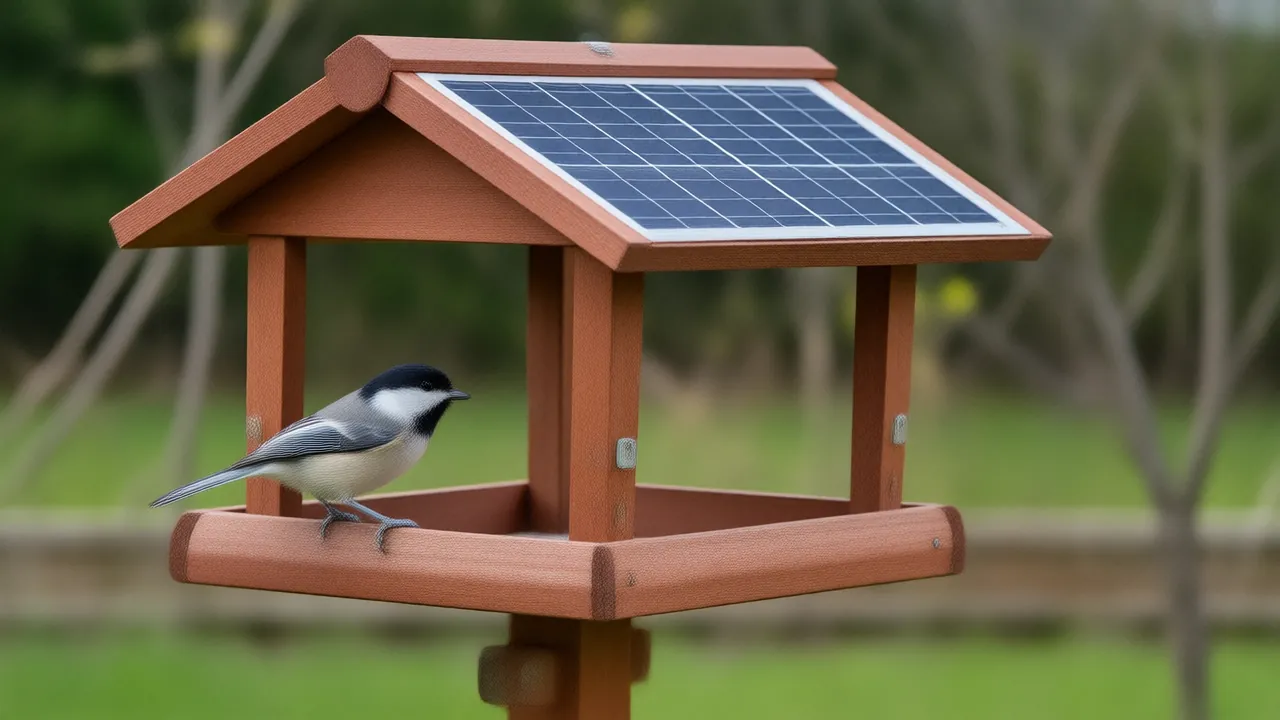 Illustration of a chickadee landing on a solar bird feeder with a small camera box in a backyard garden