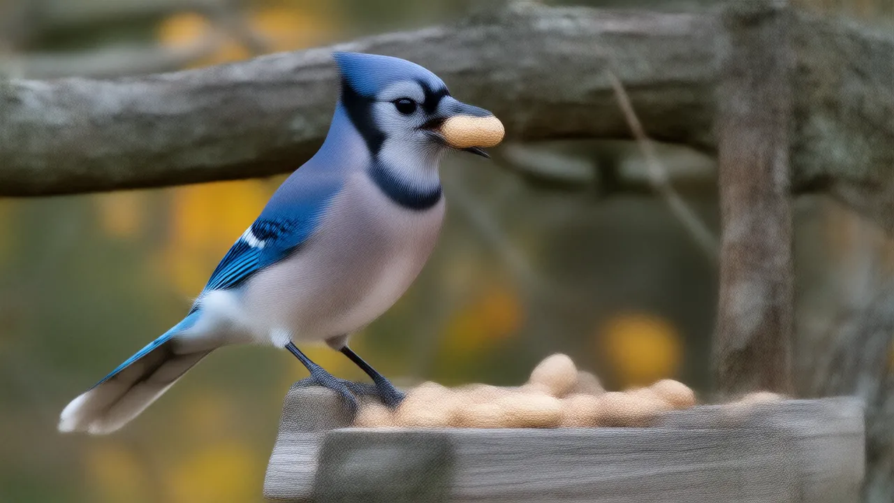 Illustration of a blue jay holding a peanut on a platform feeder under an oak tree in autumn