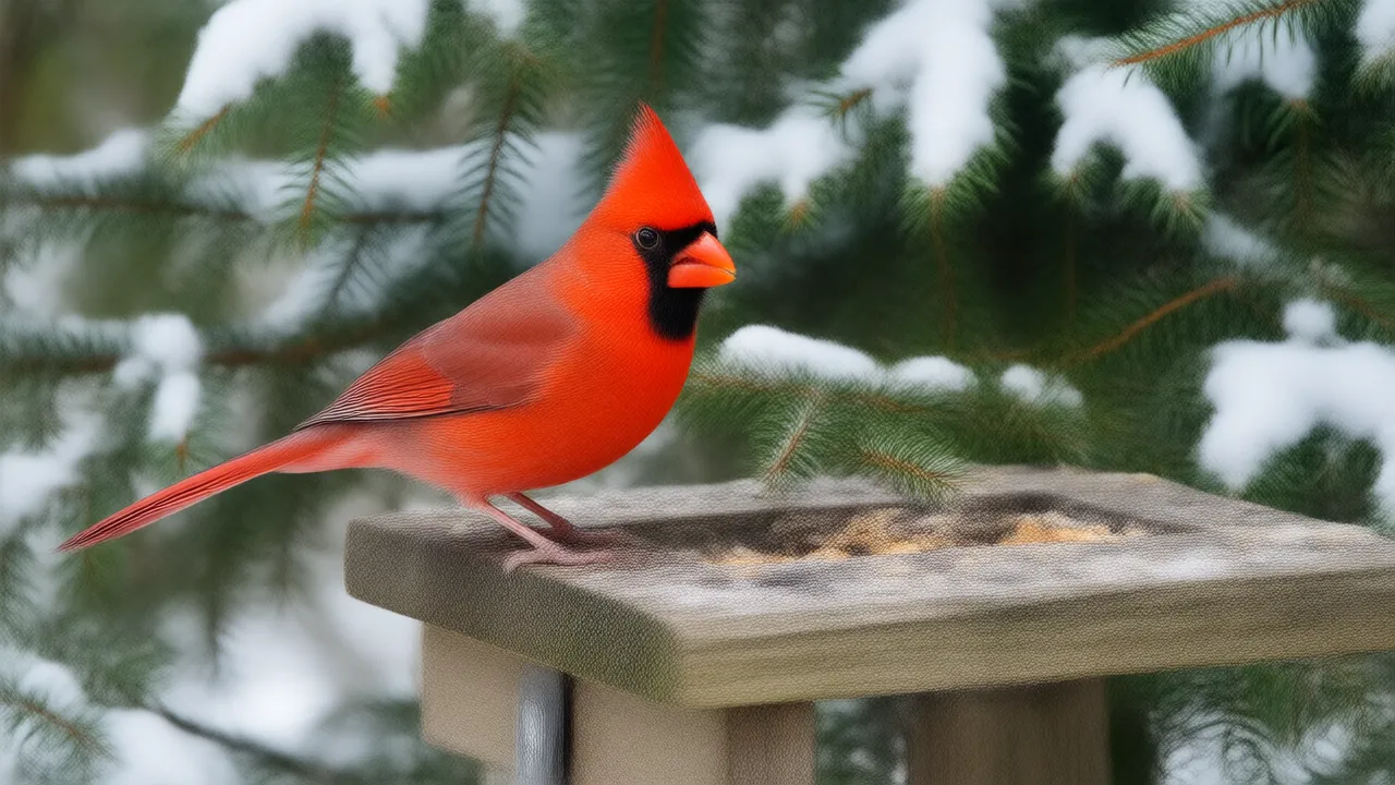 Illustration of a male cardinal on a platform feeder with safflower seed beside a snowy evergreen