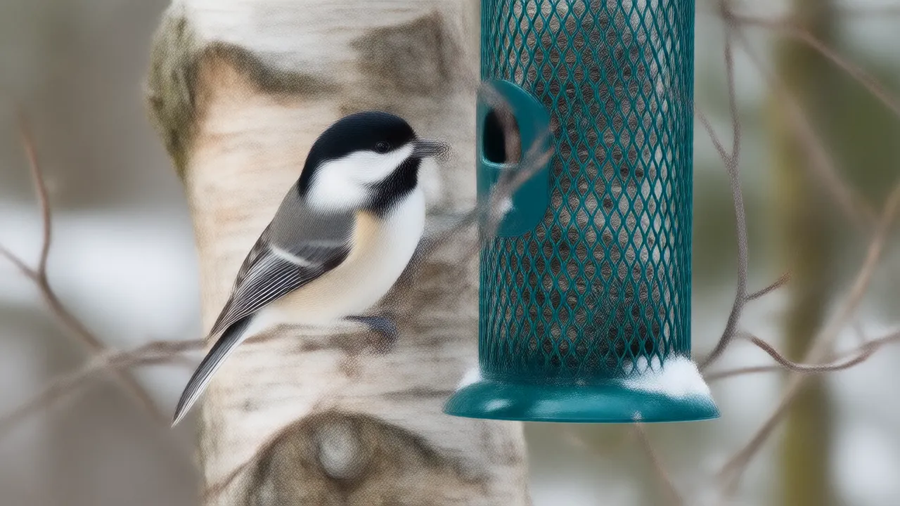 Illustration of a black-capped chickadee holding a sunflower seed on a snowy branch beside a tube feeder