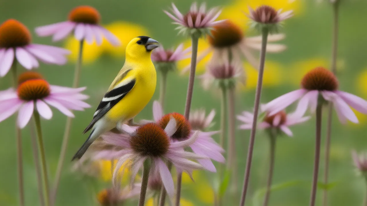 Illustration of a male goldfinch eating seeds from a coneflower in a summer garden