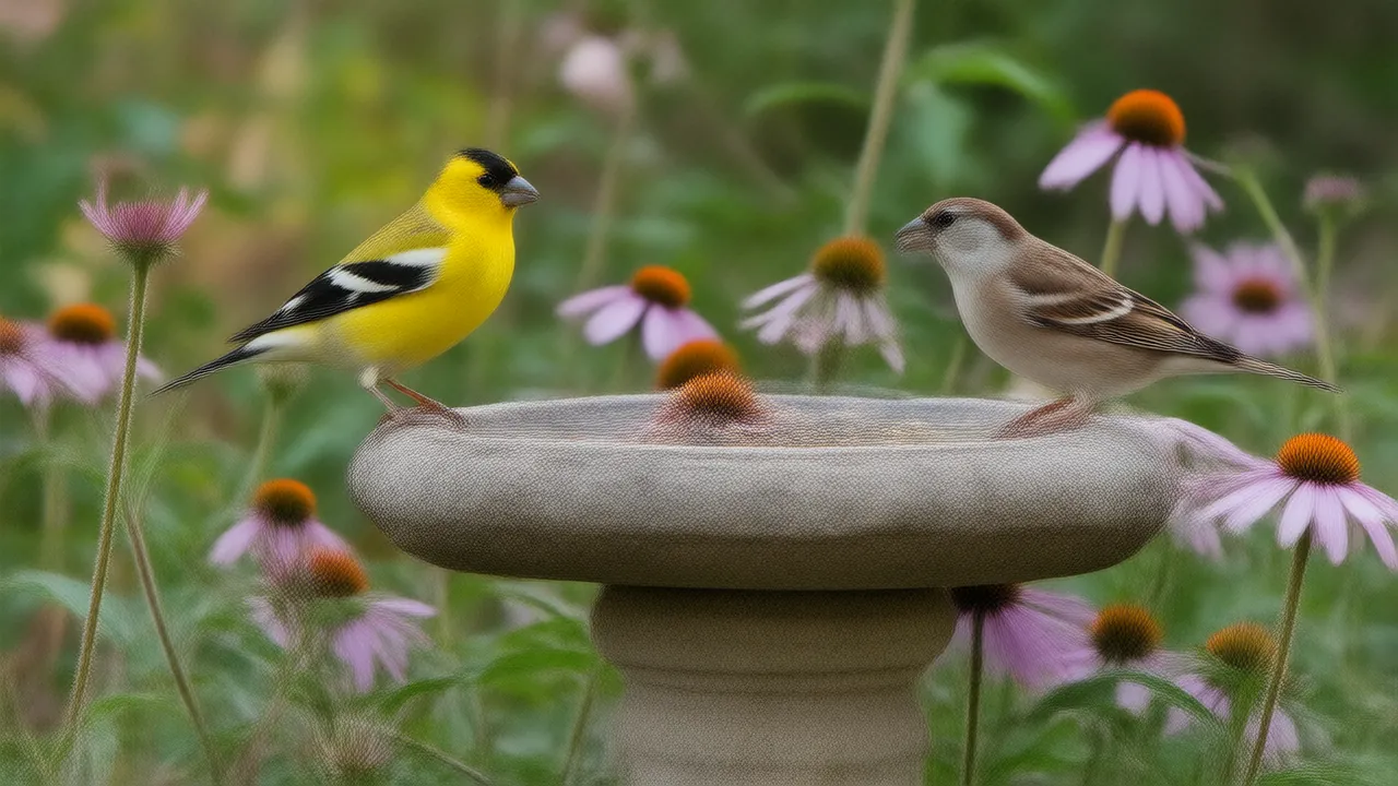 Illustration of a bird-friendly garden with coneflowers, a bird bath, a goldfinch and a song sparrow