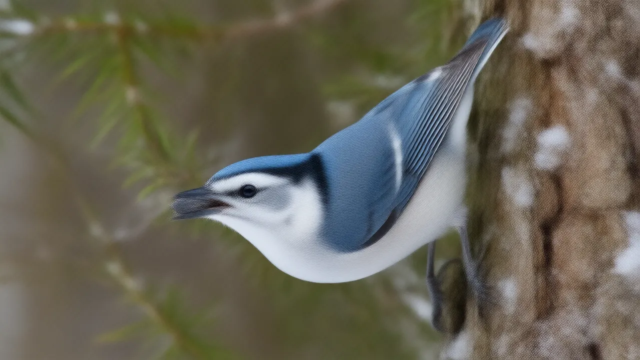 Illustration of a white-breasted nuthatch climbing headfirst down an oak trunk with a seed in its bill