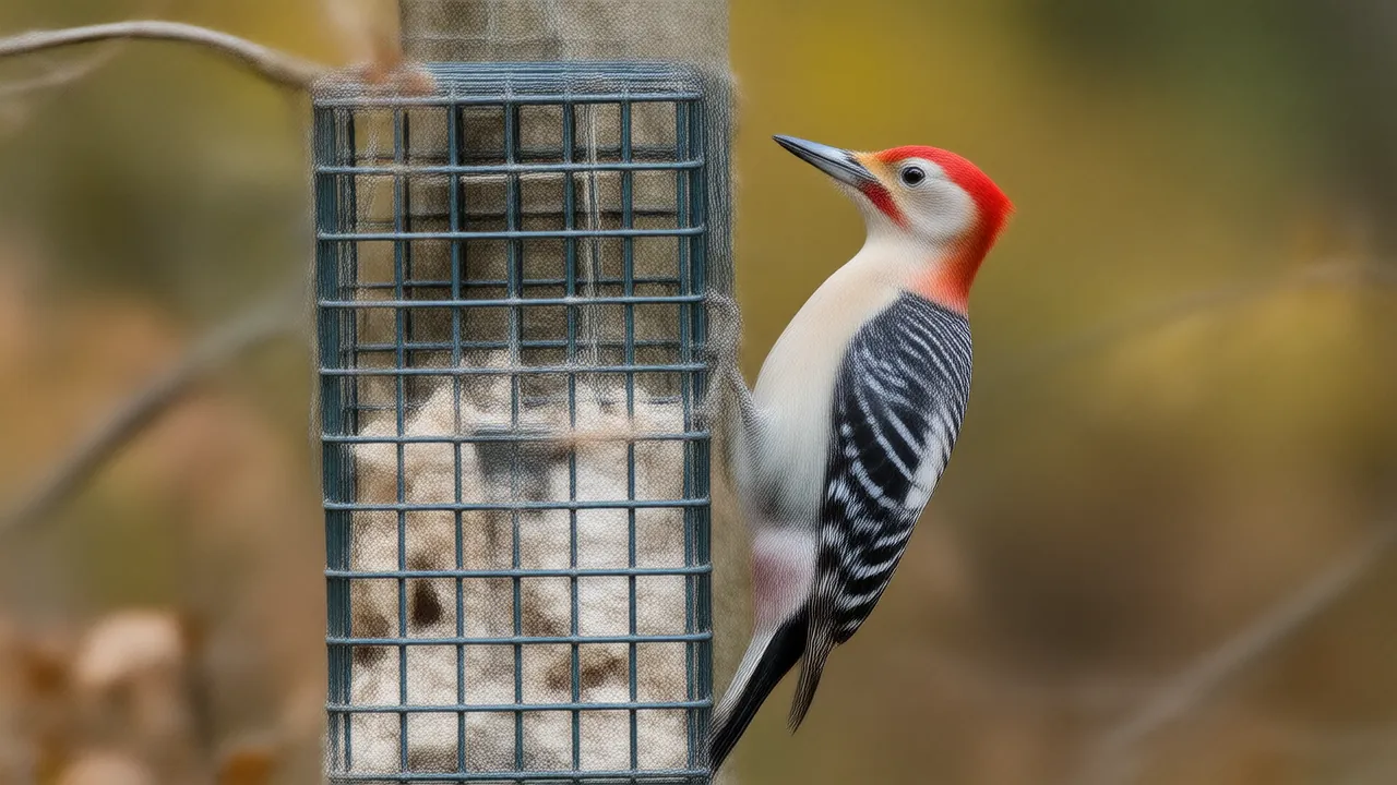 Illustration of a male red-bellied woodpecker clinging to a suet cage on an oak trunk in late fall