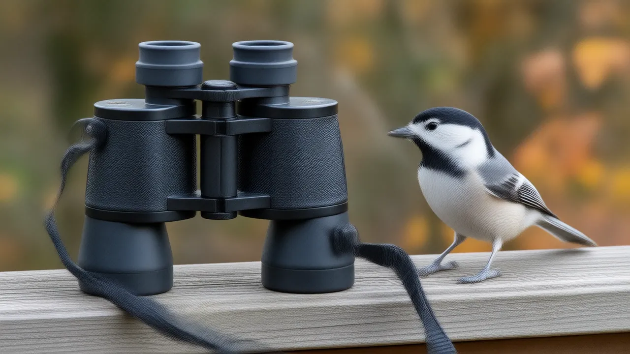 Illustration of binoculars on a deck railing with a chickadee at a feeder behind them