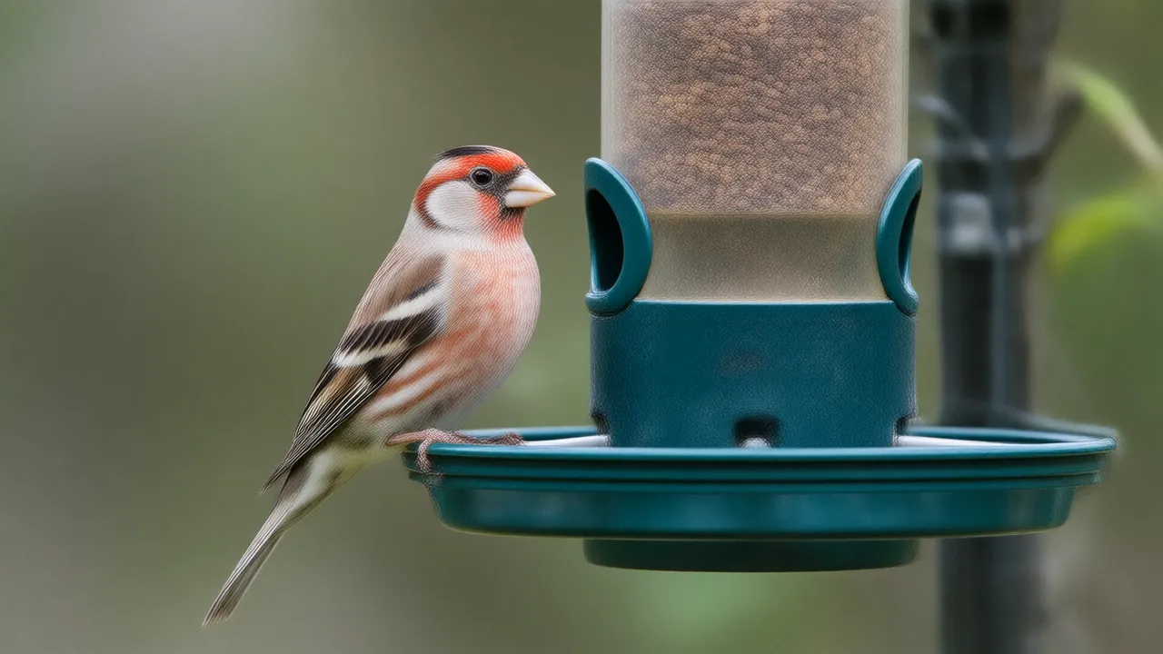 Illustration of a male house finch perched on a clean tube bird feeder in a backyard garden
