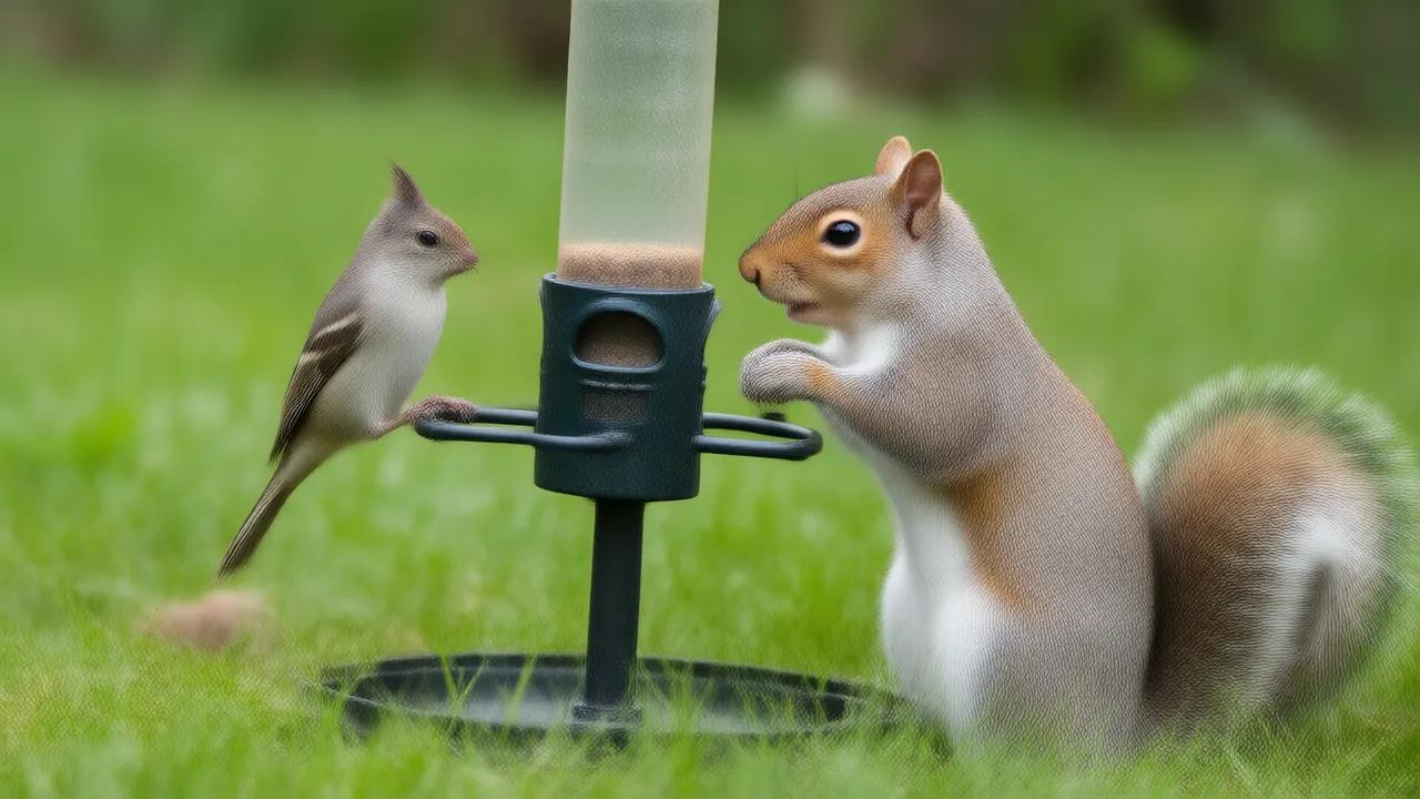 Illustration of a gray squirrel looking up at a baffled pole feeder while a titmouse feeds