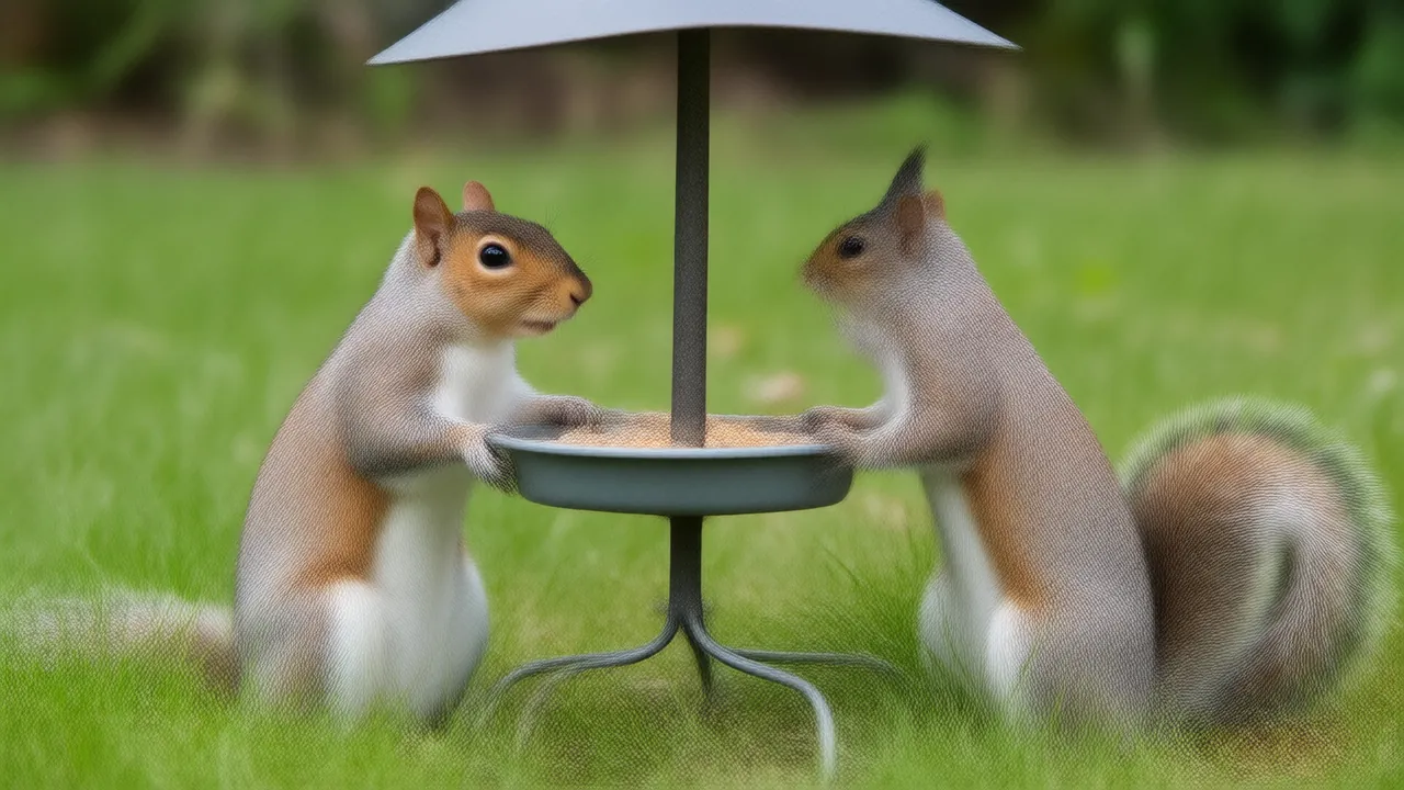 Illustration of a gray squirrel on a lawn looking up at a baffled bird feeder pole with a titmouse on the feeder
