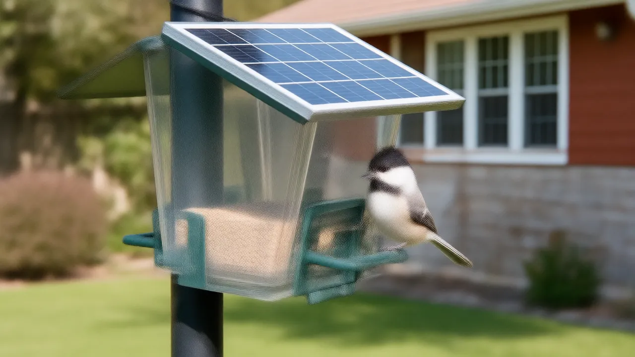 Illustration of a black-capped chickadee at a pole-mounted solar bird feeder with a small camera in a sunny garden