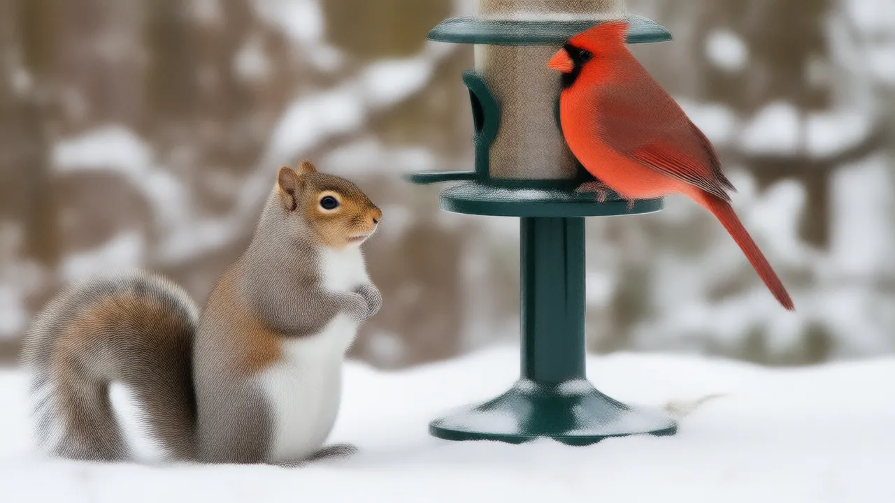 Illustration of a gray squirrel looking up at a baffled feeder pole with a cardinal on the feeder above