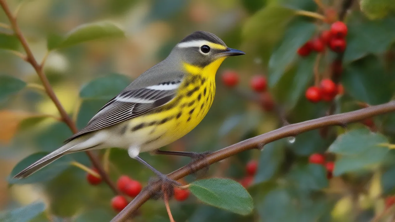Illustration of a yellow-rumped warbler foraging in a berry shrub at sunrise in fall