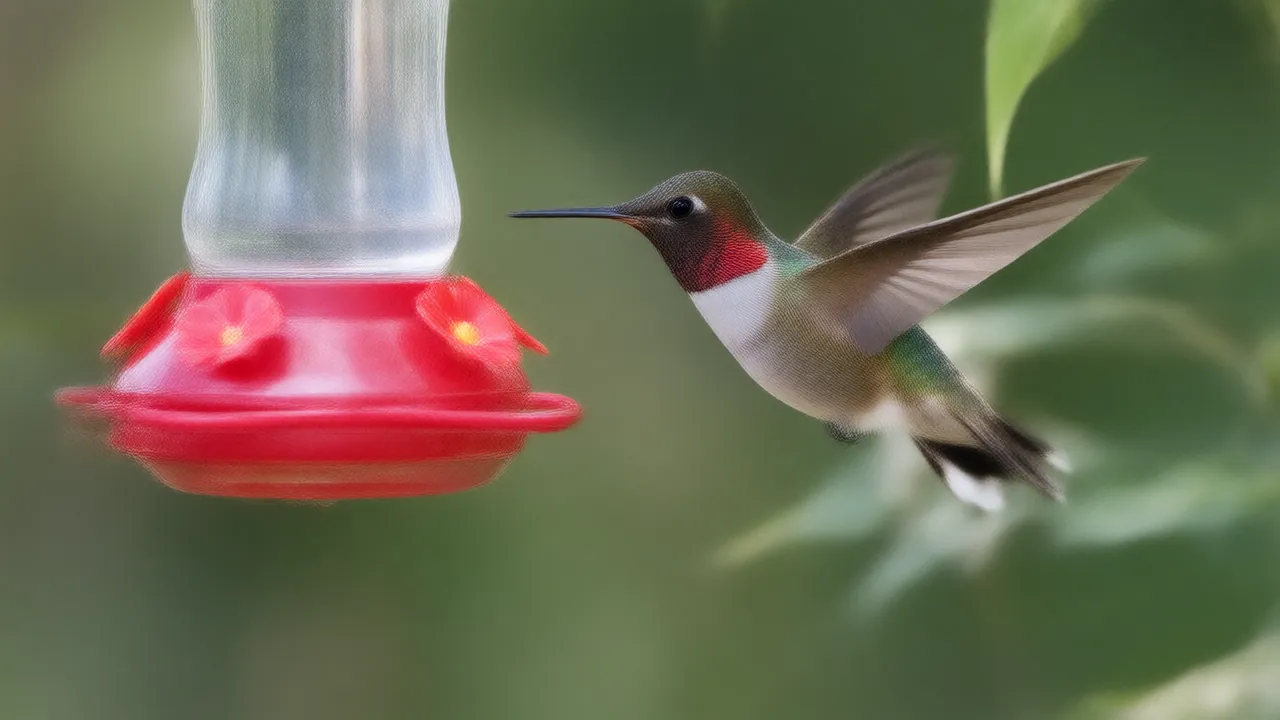 Illustration of a ruby-throated hummingbird hovering at a nectar feeder beside red summer flowers