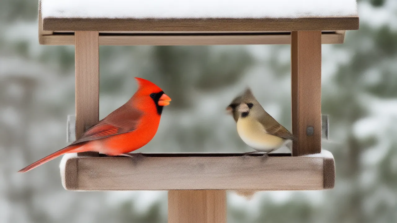 Illustration of a cardinal and a junco at a snowy feeder with a small built-in camera box