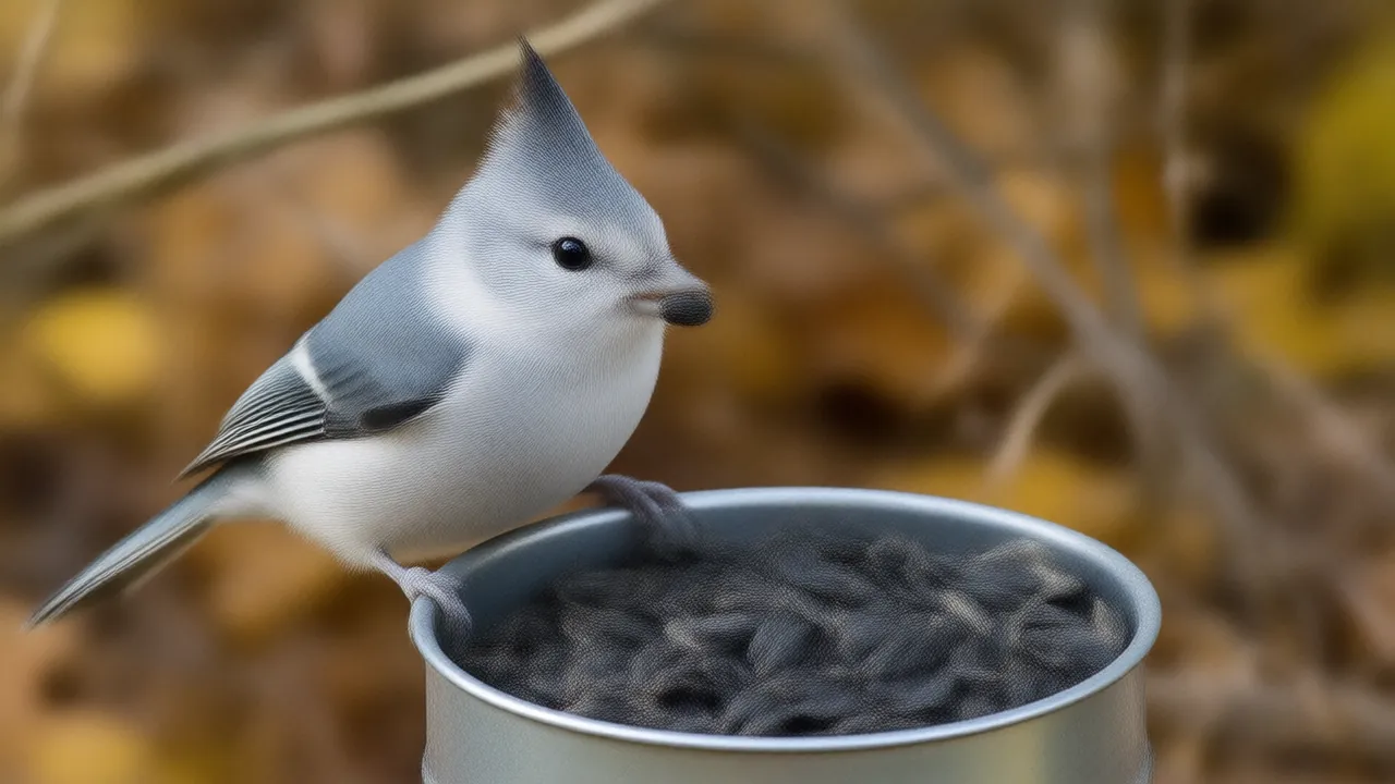 Illustration of a tufted titmouse holding a black oil sunflower seed at a tube feeder in autumn