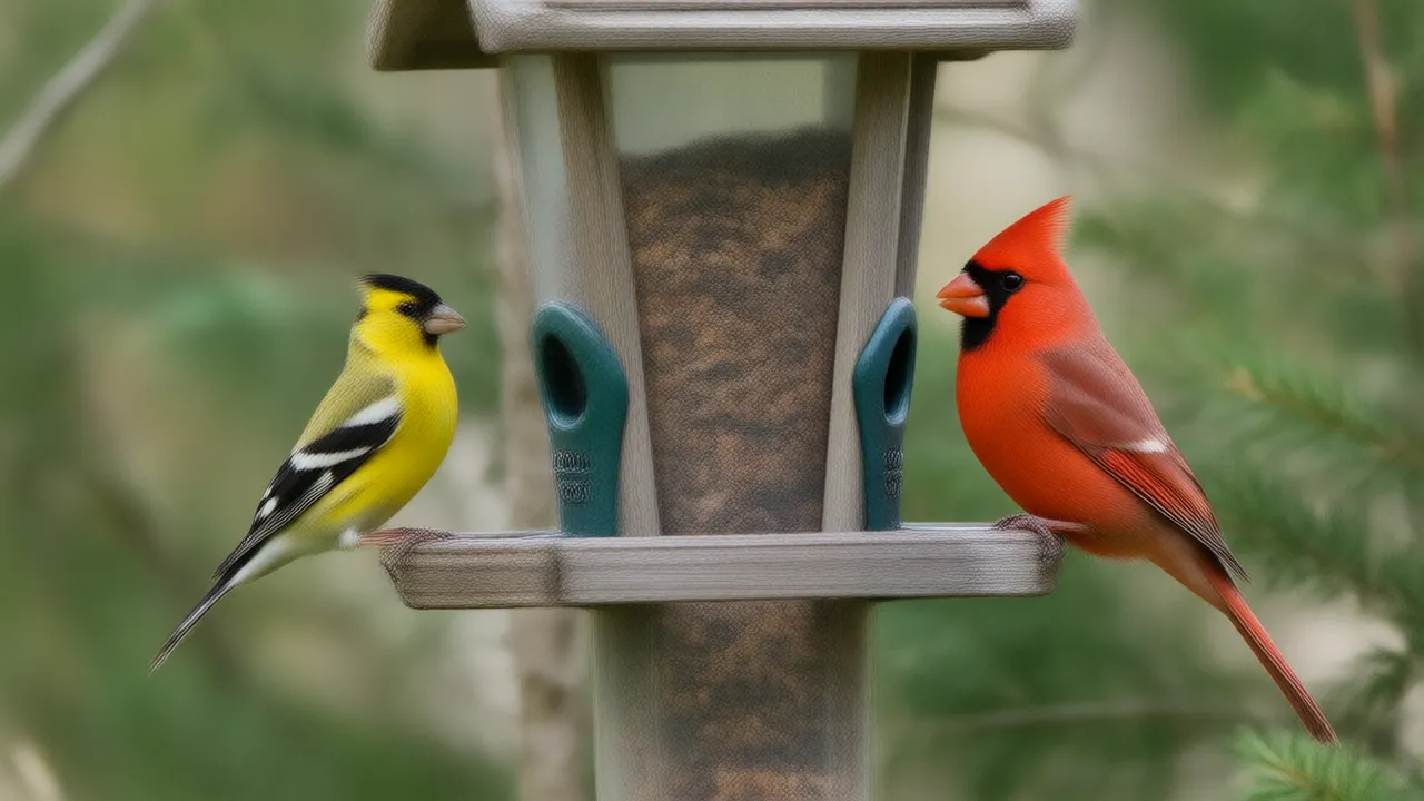 Illustration of a goldfinch on a tube feeder next to a cardinal on a hopper feeder