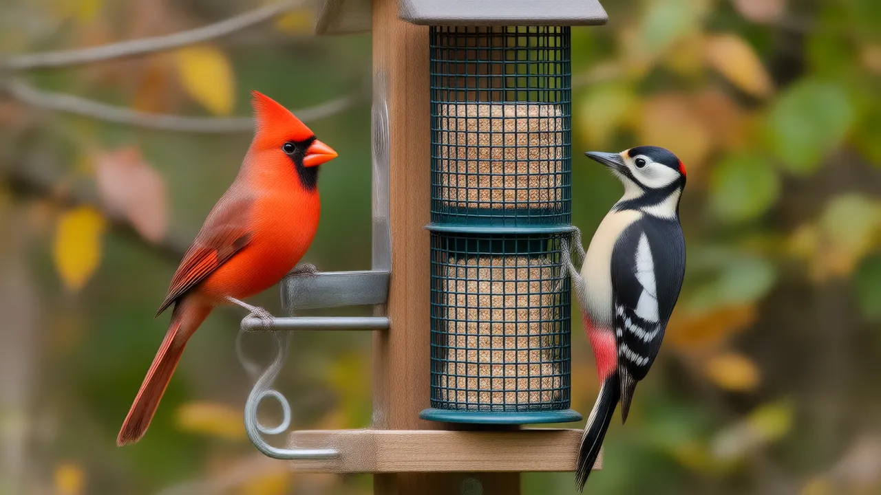 Illustration of a tube feeder, hopper feeder and suet cage on a pole with a cardinal and a downy woodpecker feeding