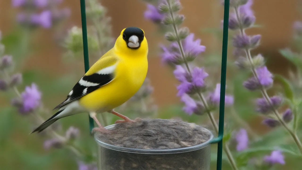Illustration of a male American goldfinch on a seed-filled tube feeder in a summer garden with coneflowers