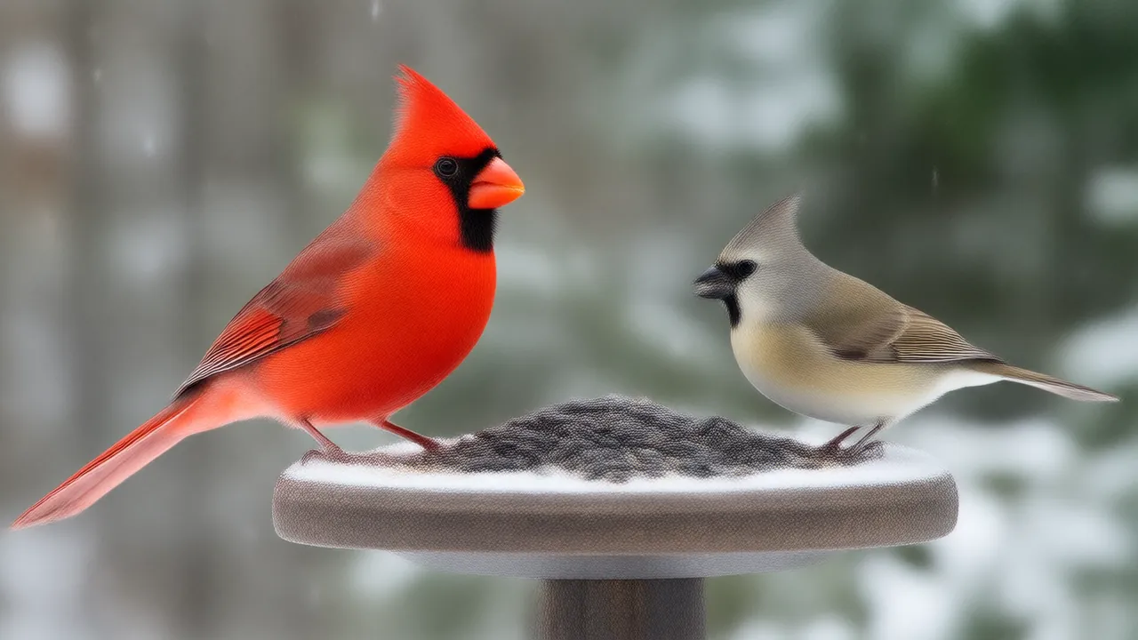 Illustration of a cardinal and a dark-eyed junco eating sunflower seed on a snowy platform feeder