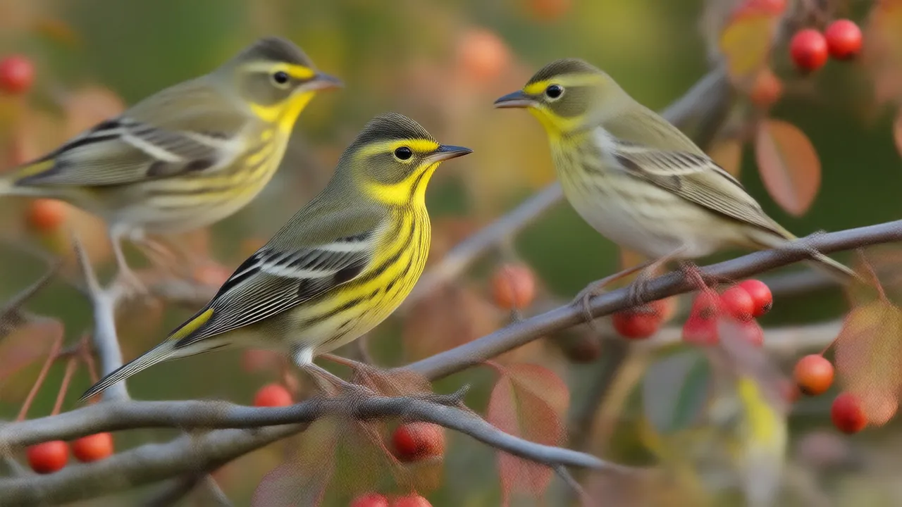 Illustration of yellow-rumped warblers feeding in a dogwood with red berries and autumn leaves
