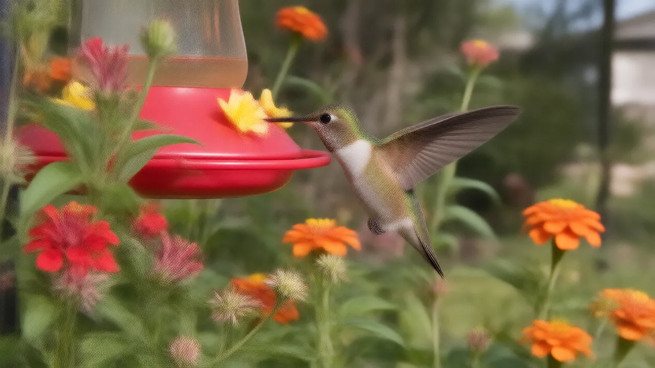 Illustration of a female ruby-throated hummingbird feeding at a nectar feeder among late-season fall flowers