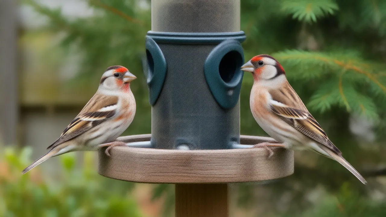 Illustration of two house finches at a pole-mounted hopper feeder near a green shrub in a backyard