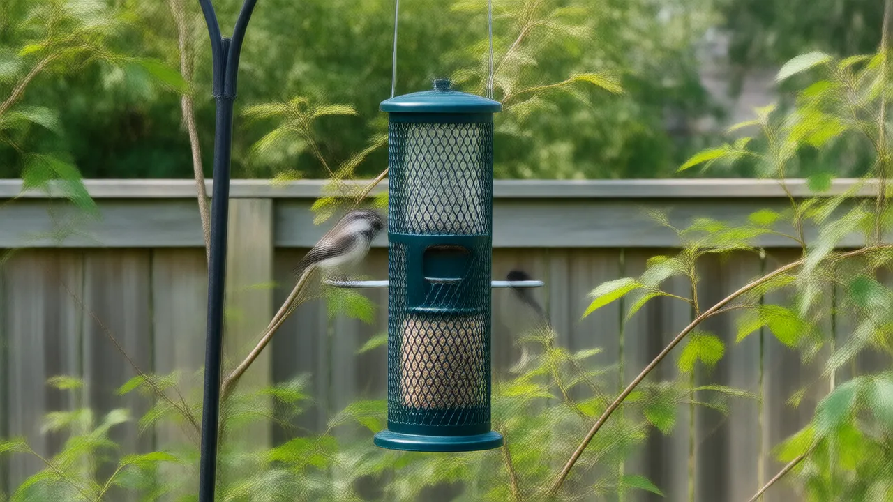 Illustration of a quiet backyard tube feeder in late summer with a chickadee waiting in a nearby shrub