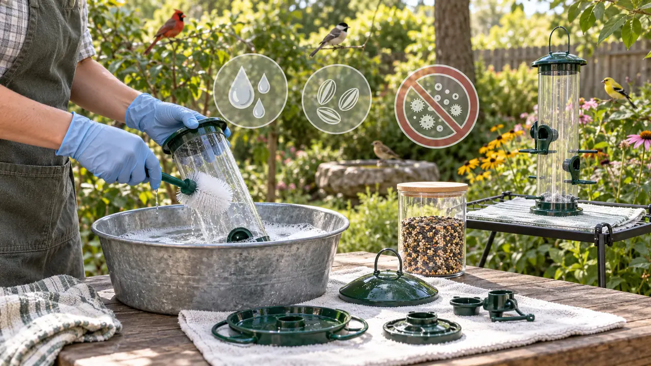 Gloved person scrubbing a disassembled tube feeder while clean parts dry and healthy songbirds remain spaced among backyard plants