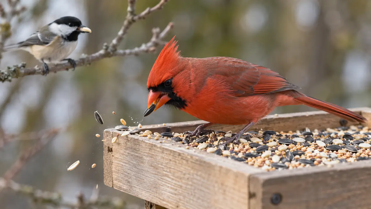 Northern Cardinal selecting sunflower seed as a few grains and hulls leave a platform feeder while a chickadee carries one seed away