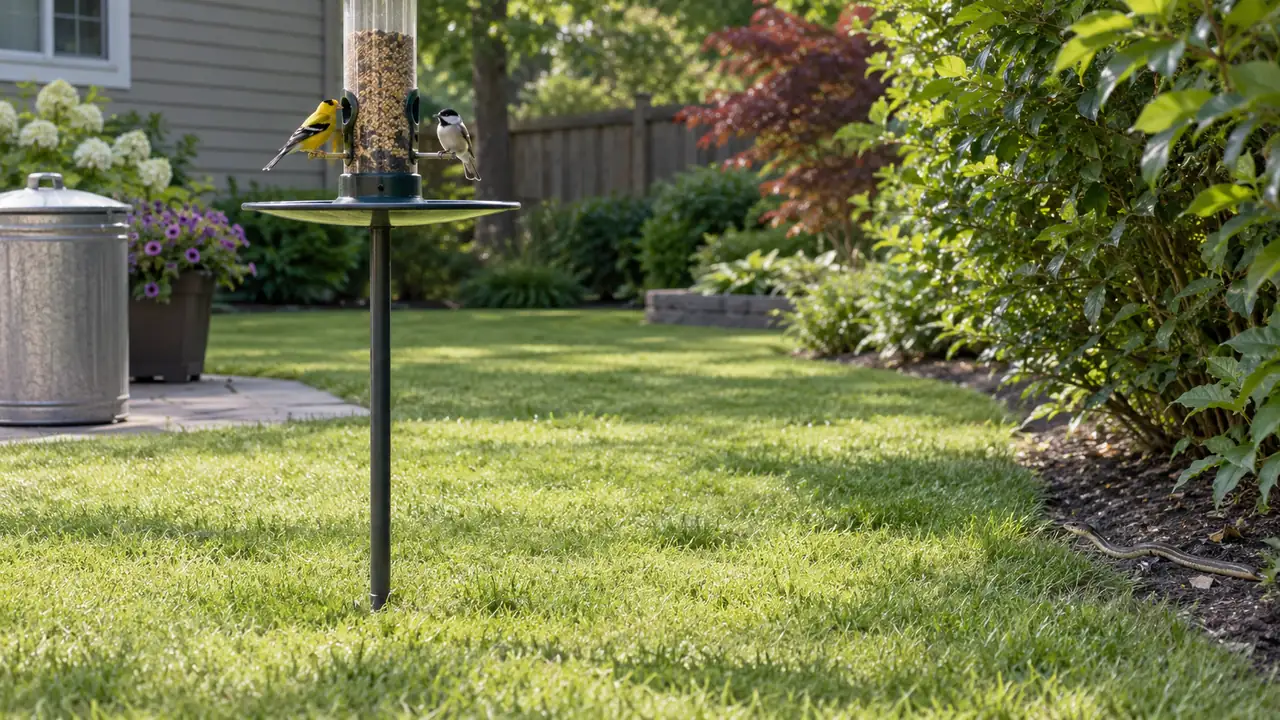 Clean pole-mounted feeder over open grass with a closed seed can and a small snake moving along a distant shrub border