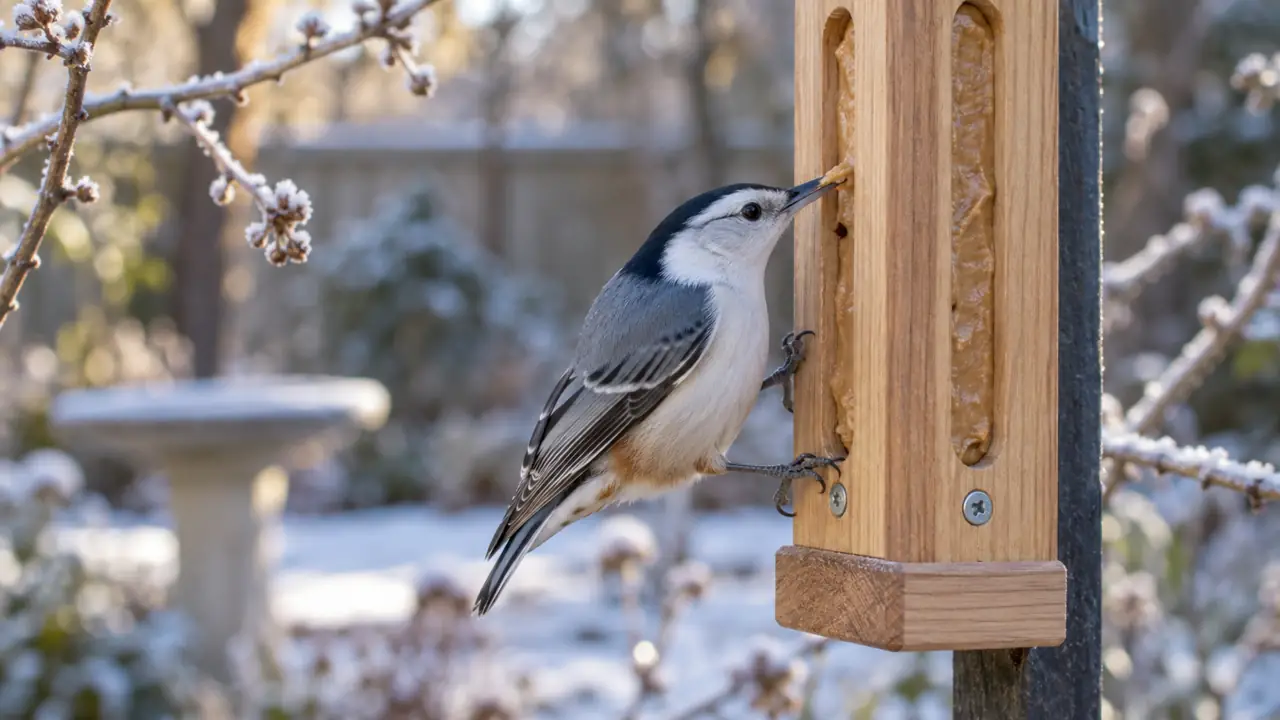 White-breasted Nuthatch taking a small firm portion of peanut butter from a clean wooden crevice feeder in cool weather