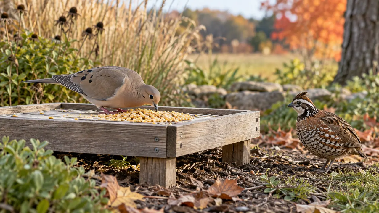 Mourning Dove and Northern Bobwhite beside a small dry portion of cracked corn on a clean low platform feeder