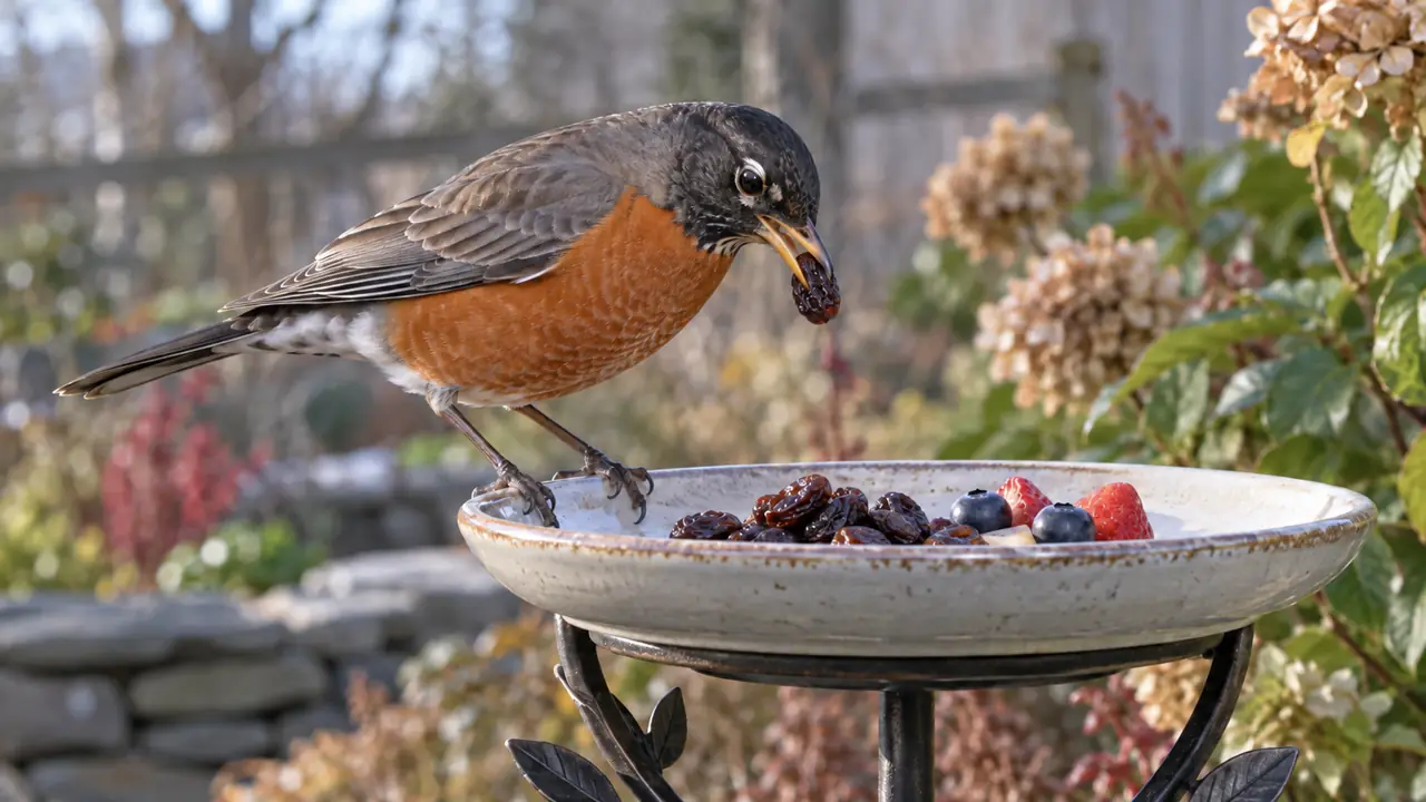American Robin taking one softened soaked raisin from a clean raised ceramic fruit feeder
