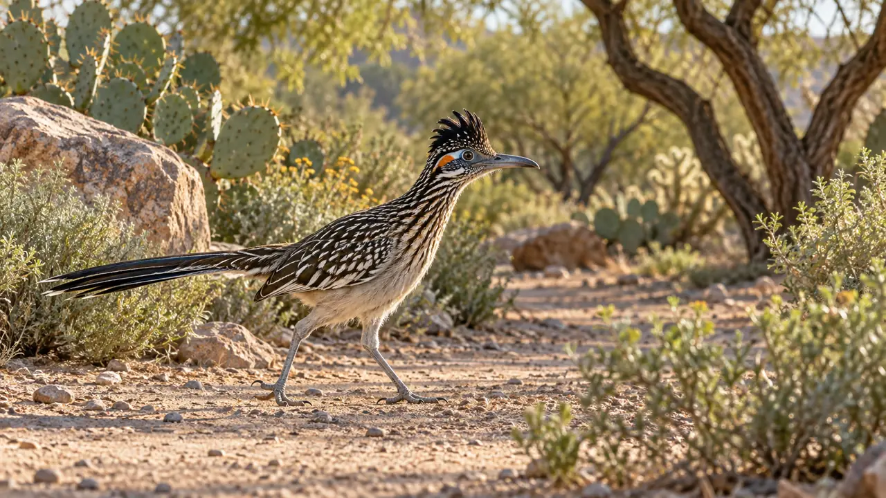 Greater Roadrunner walking along an open dirt path through native mesquite, prickly pear and desert scrub