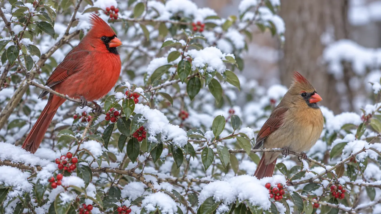 Male and female Northern Cardinals perched in a dense berry shrub after fresh winter snow