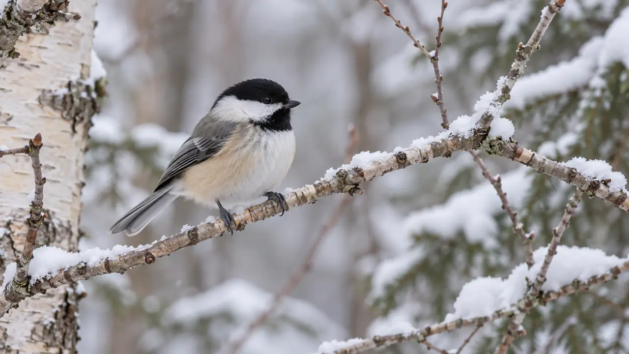 Black-capped Chickadee perched on a snowy birch branch in a northern winter woodland