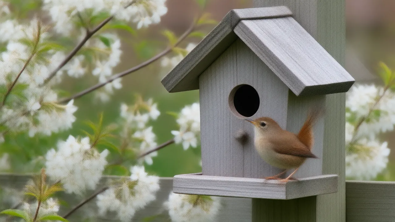 Illustration of a house wren at the entrance of a simple wooden birdhouse on a post in spring