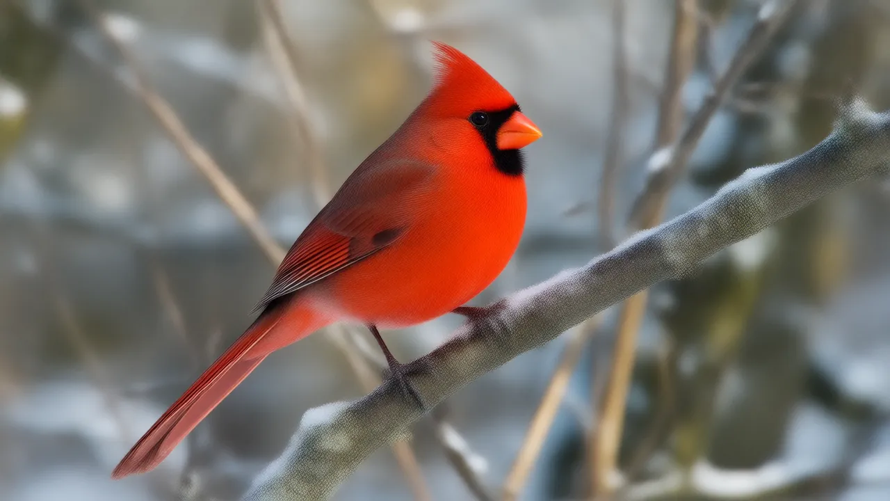 Illustration of a male northern cardinal perched in clear side view on a snowy branch