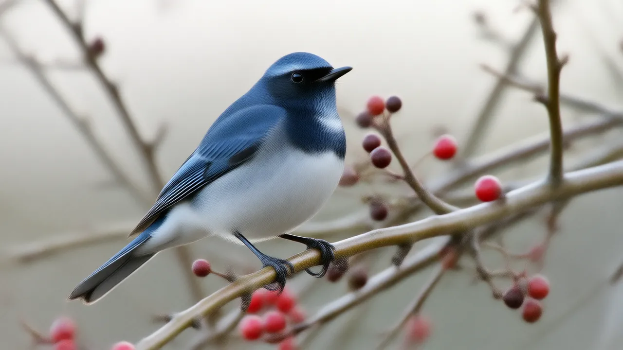 Illustration of a male black-throated blue warbler resting on a berry-laden dogwood branch at dawn in autumn