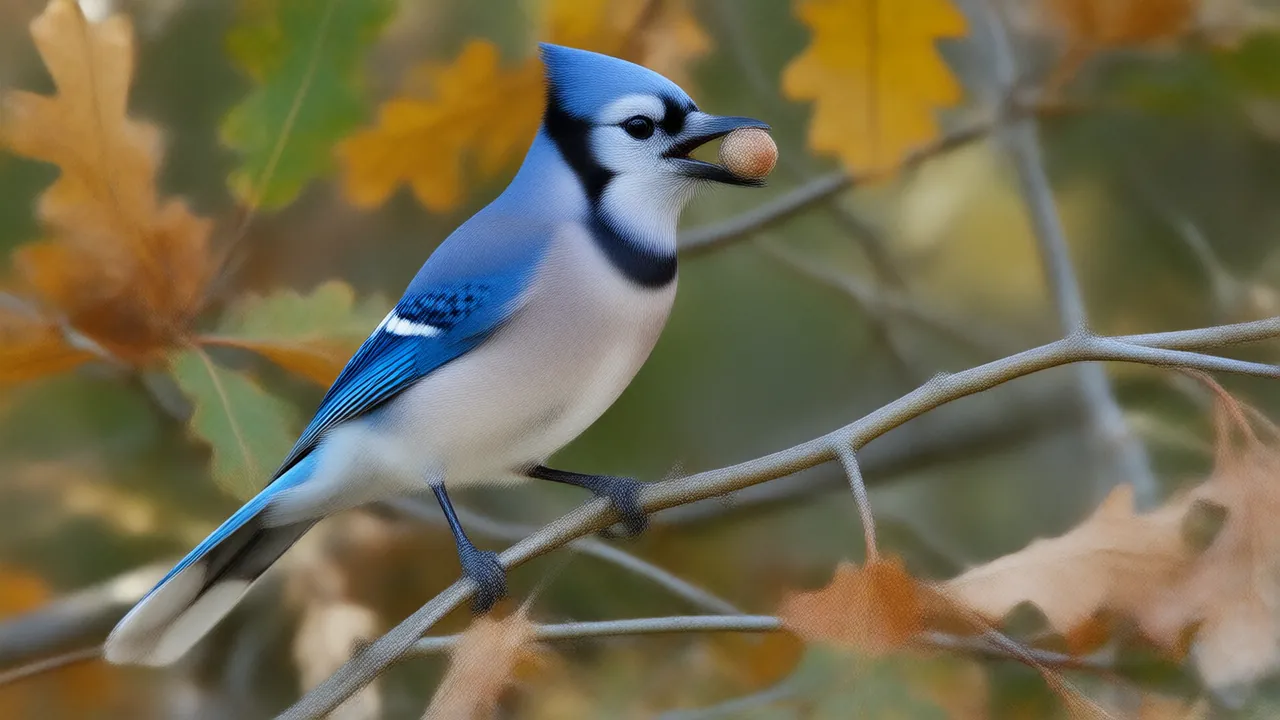 Illustration of a blue jay holding an acorn on an oak branch in fall