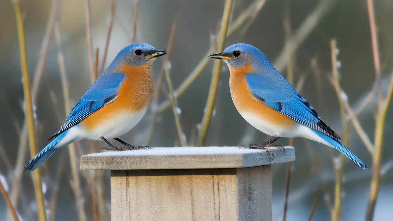 Illustration of two eastern bluebirds perched on a wooden nest box in a frosty winter garden